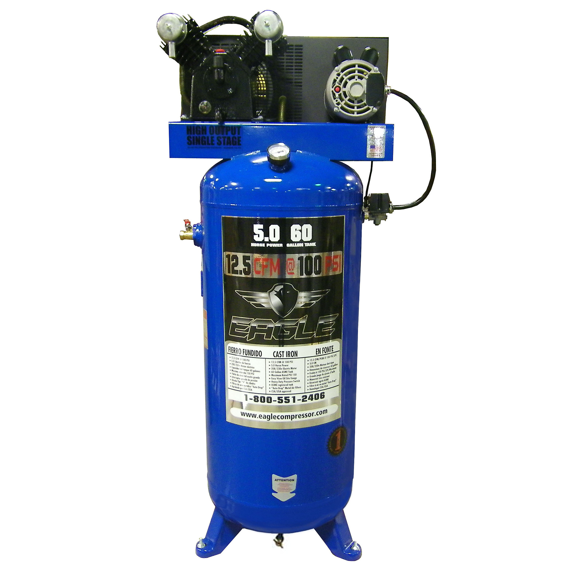 EAGLE, 60 Gallon 12.5 CFM Air Compressor, Horsepower 4 HP, Air Tank Size 60 Gal, Volts 220 Volt, Model# C4160V1